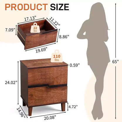 Karl Home Marrone P2 Comodino in MDF Gambe Solide Senza Maniglie 2 Cassetti 51 cm