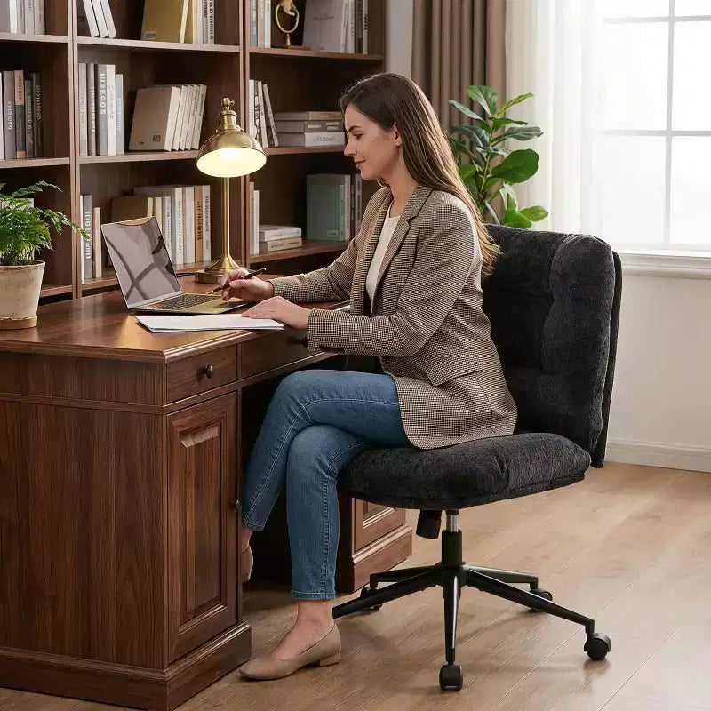 Sedia da ufficio vintage senza braccioli con schienale trapuntato, sedia da scrivania regolabile in altezza con rotelle e base in metallo nero, marrone