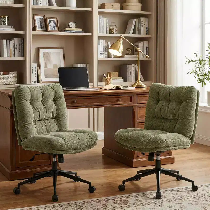 Sedia da ufficio vintage senza braccioli con schienale trapuntato, sedia da scrivania regolabile in altezza con rotelle e base in metallo nero, marrone