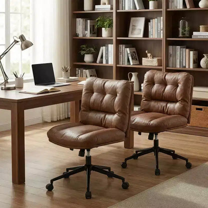 Sedia da ufficio vintage senza braccioli con schienale trapuntato, sedia da scrivania regolabile in altezza con rotelle e base in metallo nero, marrone