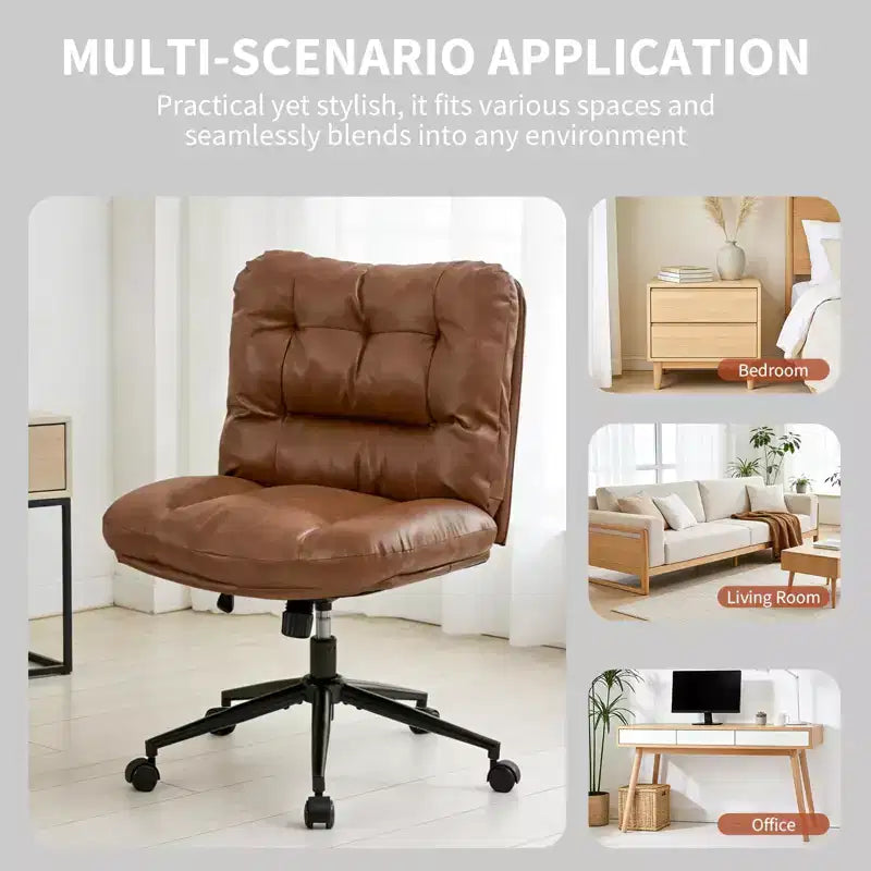 Sedia da ufficio vintage senza braccioli con schienale trapuntato, sedia da scrivania regolabile in altezza con rotelle e base in metallo nero, marrone