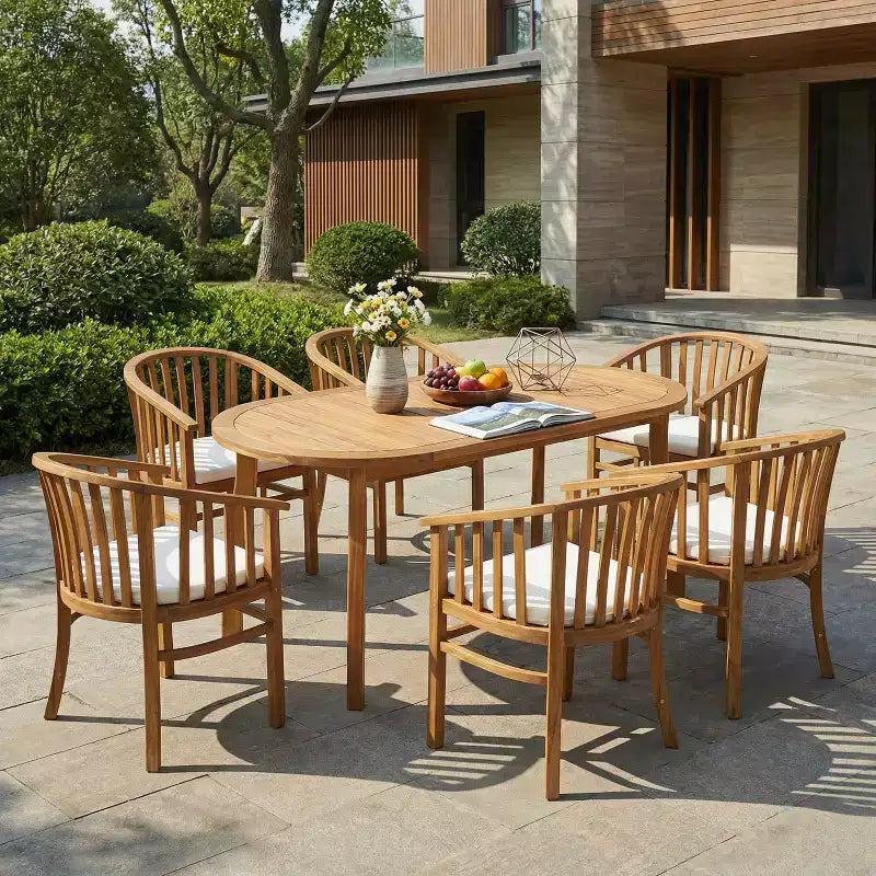 Christopher Knight Home Alain Modern 7 Piece Patio Acacia Dining Set with Oval Slatted Table and Cushions