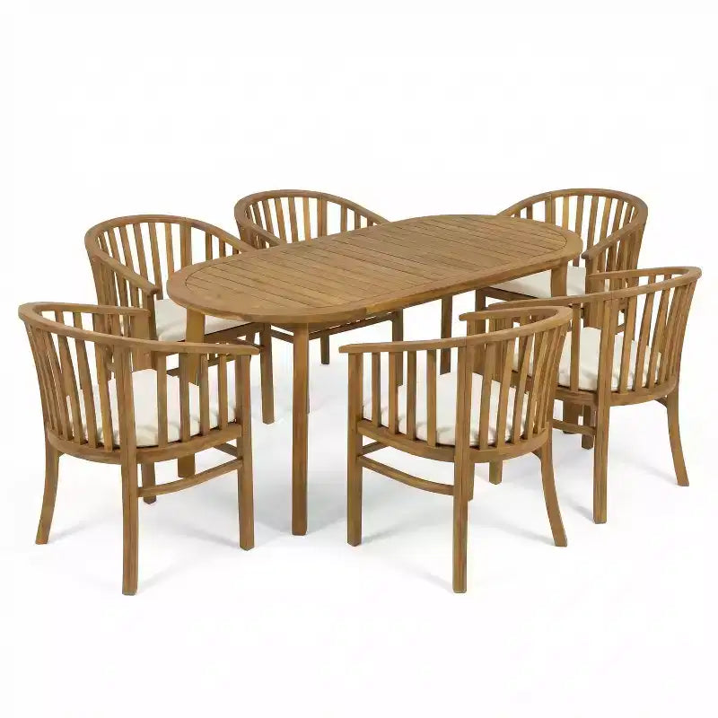 Christopher Knight Home Alain Modern 7 Piece Patio Acacia Dining Set with Oval Slatted Table and Cushions