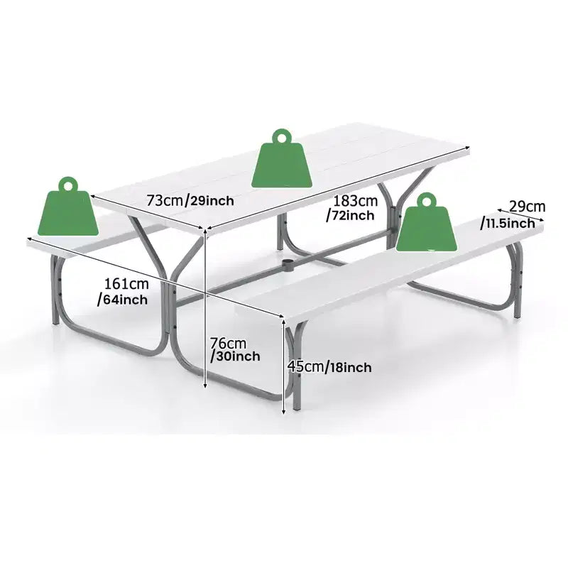 Gymax 6' Outdoor Picnic Table and Bench Set w/ HDPE Wood-Like Tabletop Built-In Umbrella Hole & 2 Benches for Dining & Gatherings Black/Gray/White