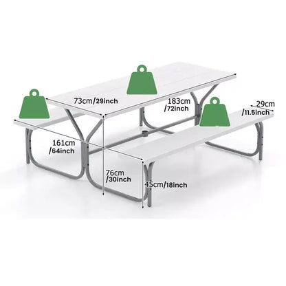 Gymax 6' Outdoor Picnic Table and Bench Set w/ HDPE Wood-Like Tabletop Built-In Umbrella Hole & 2 Benches for Dining & Gatherings Black/Gray/White