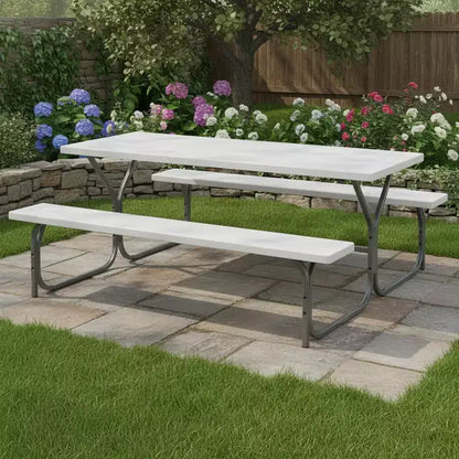 Gymax 6' Outdoor Picnic Table and Bench Set w/ HDPE Wood-Like Tabletop Built-In Umbrella Hole & 2 Benches for Dining & Gatherings Black/Gray/White