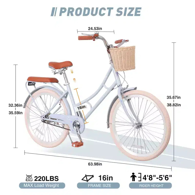NAYSAYE Women Beach Cruiser Bike with Front Basket & Sturdy Frame for Comfortable Outdoor City Commuting, Blue, 63.98*24.53*38.82