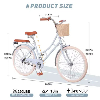 NAYSAYE Women Beach Cruiser Bike with Front Basket & Sturdy Frame for Comfortable Outdoor City Commuting, Blue, 63.98*24.53*38.82