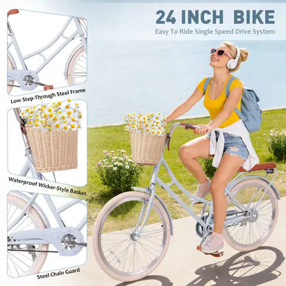 NAYSAYE Women Beach Cruiser Bike with Front Basket & Sturdy Frame for Comfortable Outdoor City Commuting, Blue, 63.98*24.53*38.82