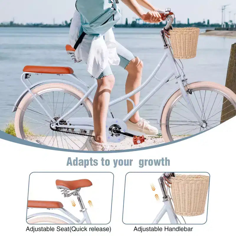NAYSAYE Women Beach Cruiser Bike with Front Basket & Sturdy Frame for Comfortable Outdoor City Commuting, Blue, 63.98*24.53*38.82