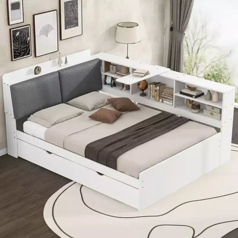 FAMYYT Letto a piattaforma matrimoniale completo con testiera contenitore, ripiani e letto estraibile, facile da montare