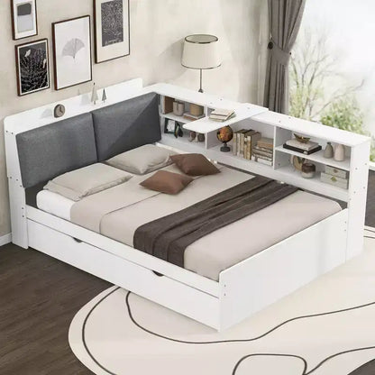 FAMYYT Letto a piattaforma matrimoniale completo con testiera contenitore, ripiani e letto estraibile, facile da montare