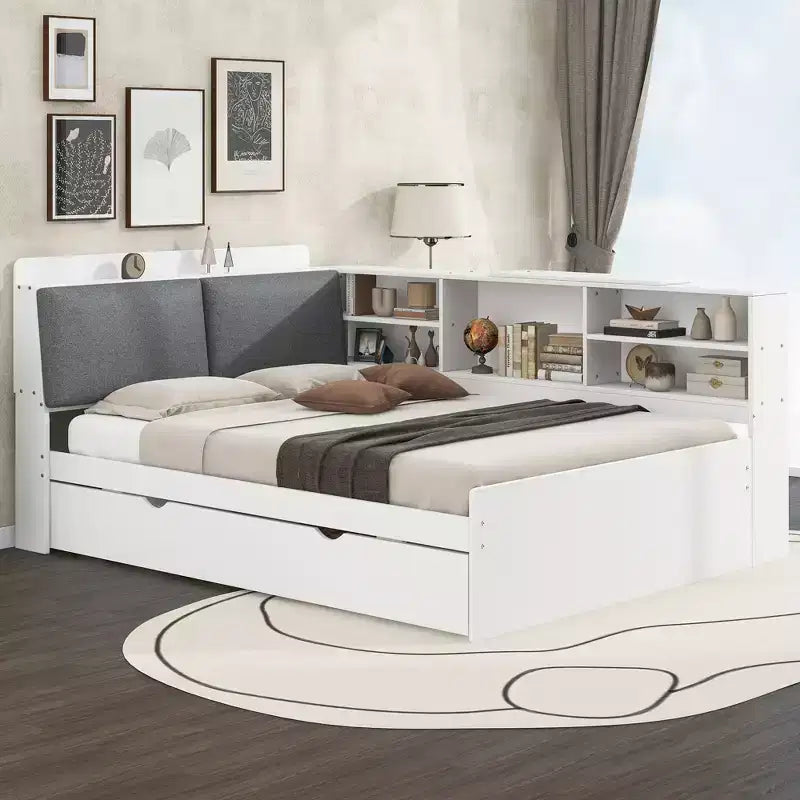 FAMYYT Letto a piattaforma matrimoniale completo con testiera contenitore, ripiani e letto estraibile, facile da montare
