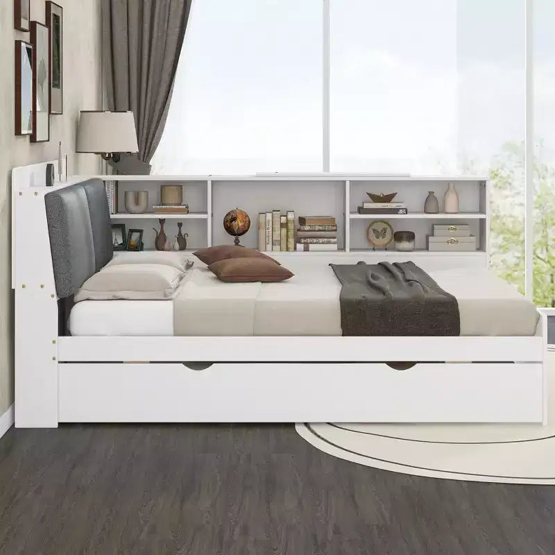 FAMYYT Letto a piattaforma matrimoniale completo con testiera contenitore, ripiani e letto estraibile, facile da montare