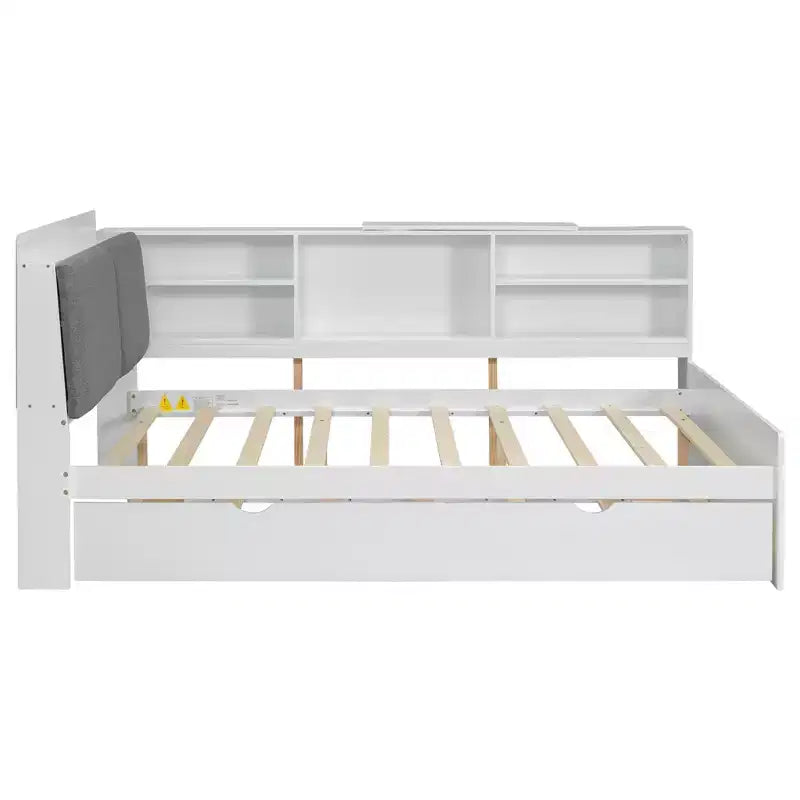 FAMYYT Letto a piattaforma matrimoniale completo con testiera contenitore, ripiani e letto estraibile, facile da montare
