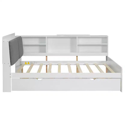 FAMYYT Letto a piattaforma matrimoniale completo con testiera contenitore, ripiani e letto estraibile, facile da montare