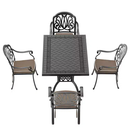 5-Piece Rectangular Cast Aluminum Patio Dining Set for Outdoor Backyard Garden Deck Poolside with Cushions