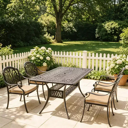 5-Piece Rectangular Cast Aluminum Patio Dining Set for Outdoor Backyard Garden Deck Poolside with Cushions