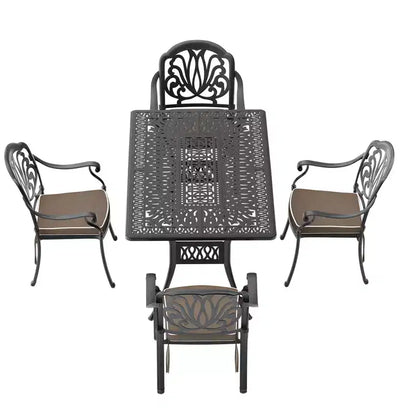 5-Piece Rectangular Cast Aluminum Patio Dining Set for Outdoor Backyard Garden Deck Poolside with Cushions