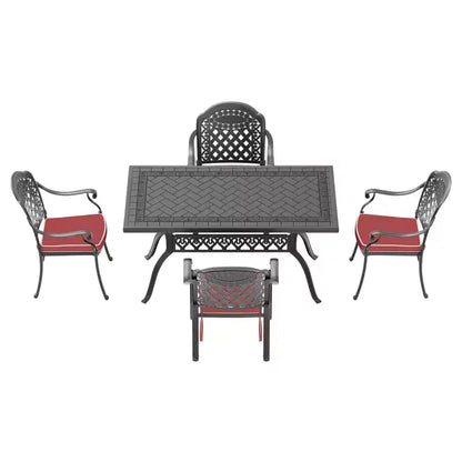 5-Piece Rectangular Cast Aluminum Patio Dining Set for Outdoor Backyard Garden Deck Poolside with Cushions