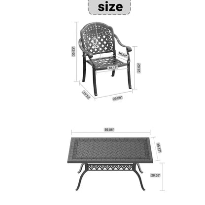 5-Piece Rectangular Cast Aluminum Patio Dining Set for Outdoor Backyard Garden Deck Poolside with Cushions