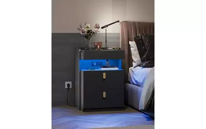 DEXYLLO Comodini a LED Set di 2 con Stazione di Ricarica, Comodini con Piano Scorrevole, Comodini con Cassetti