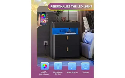 DEXYLLO Comodini a LED Set di 2 con Stazione di Ricarica, Comodini con Piano Scorrevole, Comodini con Cassetti