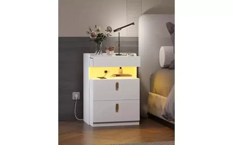 DEXYLLO Comodini a LED Set di 2 con Stazione di Ricarica, Comodini con Piano Scorrevole, Comodini con Cassetti