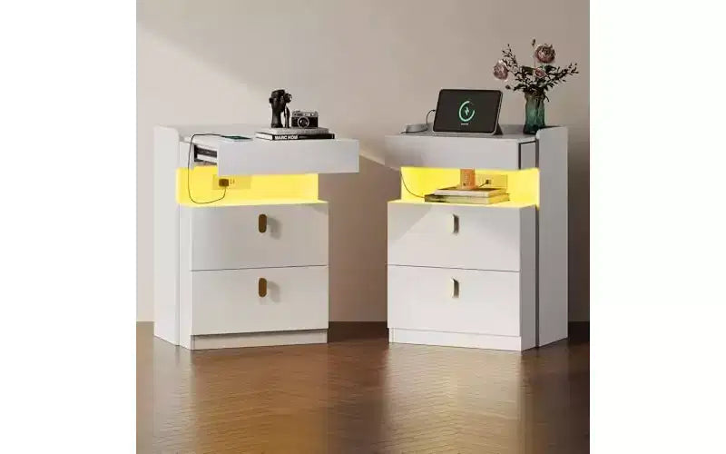 DEXYLLO Comodini a LED Set di 2 con Stazione di Ricarica, Comodini con Piano Scorrevole, Comodini con Cassetti