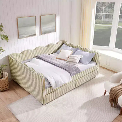 Divano letto Queen Size a Quadretti, Adorabile Struttura a Onda con 2 Cassetti, Porta USB, Tessuto in Lino - ModernLuxe