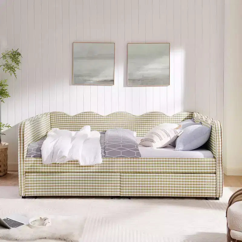 Divano letto Queen Size a Quadretti, Adorabile Struttura a Onda con 2 Cassetti, Porta USB, Tessuto in Lino - ModernLuxe