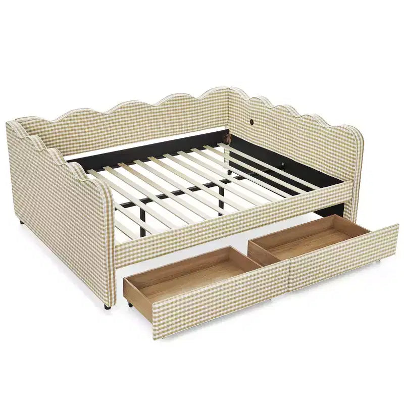 Divano letto Queen Size a Quadretti, Adorabile Struttura a Onda con 2 Cassetti, Porta USB, Tessuto in Lino - ModernLuxe