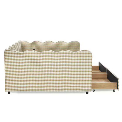 Divano letto Queen Size a Quadretti, Adorabile Struttura a Onda con 2 Cassetti, Porta USB, Tessuto in Lino - ModernLuxe