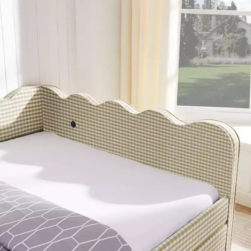 Divano letto Queen Size a Quadretti, Adorabile Struttura a Onda con 2 Cassetti, Porta USB, Tessuto in Lino - ModernLuxe