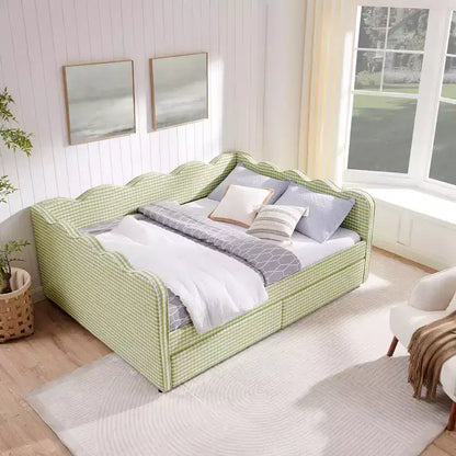 Divano letto Queen Size a Quadretti, Adorabile Struttura a Onda con 2 Cassetti, Porta USB, Tessuto in Lino - ModernLuxe