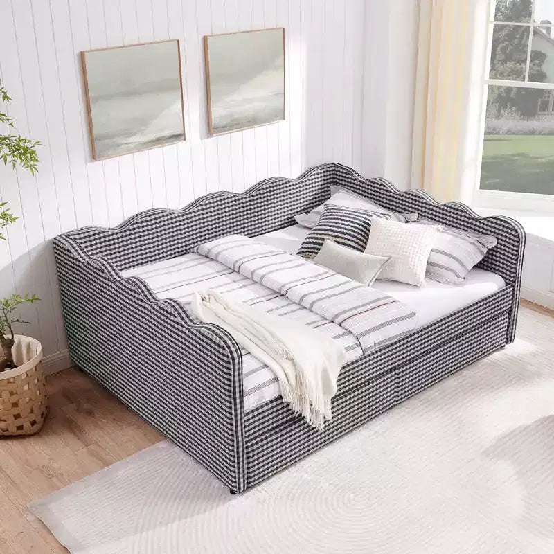 Divano letto Queen Size a Quadretti, Adorabile Struttura a Onda con 2 Cassetti, Porta USB, Tessuto in Lino - ModernLuxe