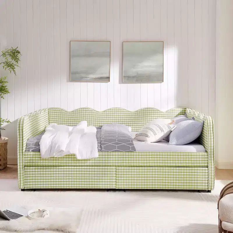 Divano letto Queen Size a Quadretti, Adorabile Struttura a Onda con 2 Cassetti, Porta USB, Tessuto in Lino - ModernLuxe