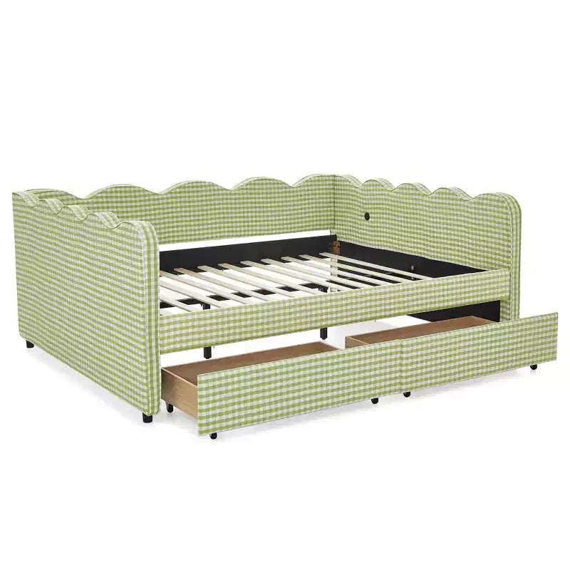 Divano letto Queen Size a Quadretti, Adorabile Struttura a Onda con 2 Cassetti, Porta USB, Tessuto in Lino - ModernLuxe