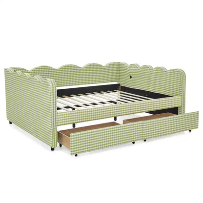 Divano letto Queen Size a Quadretti, Adorabile Struttura a Onda con 2 Cassetti, Porta USB, Tessuto in Lino - ModernLuxe