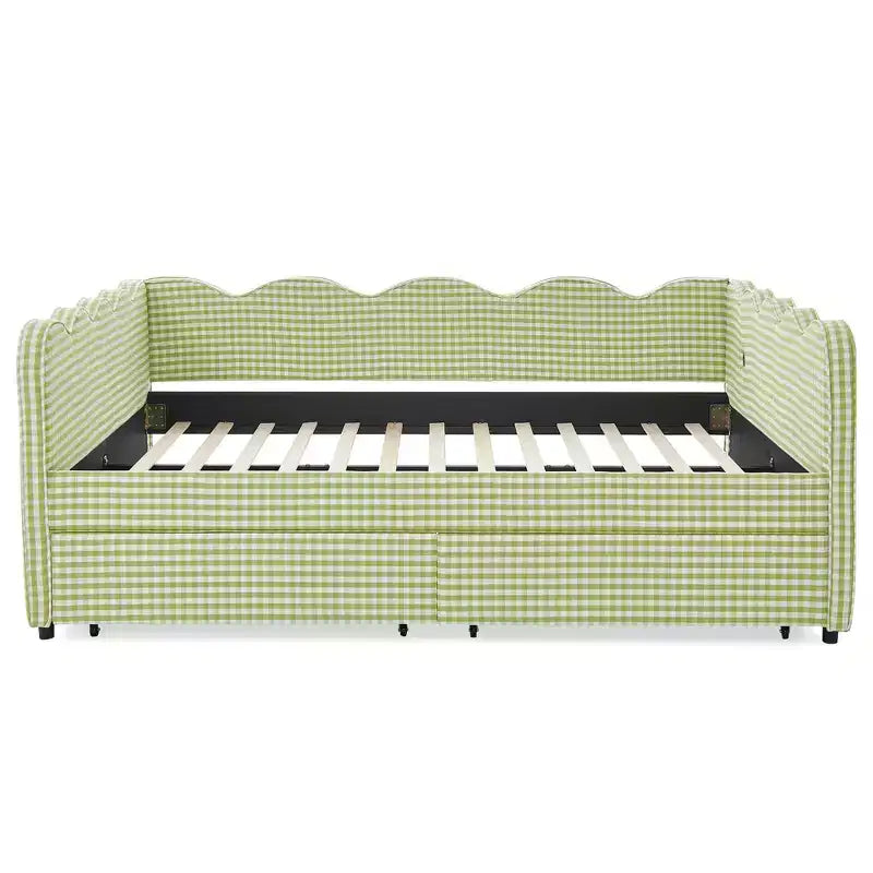Divano letto Queen Size a Quadretti, Adorabile Struttura a Onda con 2 Cassetti, Porta USB, Tessuto in Lino - ModernLuxe
