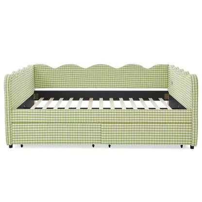 Divano letto Queen Size a Quadretti, Adorabile Struttura a Onda con 2 Cassetti, Porta USB, Tessuto in Lino - ModernLuxe