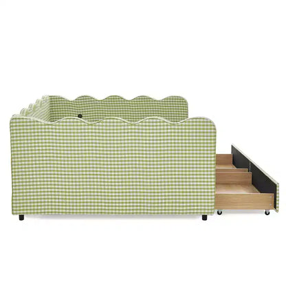 Divano letto Queen Size a Quadretti, Adorabile Struttura a Onda con 2 Cassetti, Porta USB, Tessuto in Lino - ModernLuxe