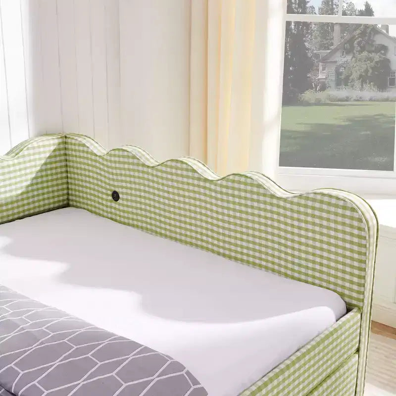 Divano letto Queen Size a Quadretti, Adorabile Struttura a Onda con 2 Cassetti, Porta USB, Tessuto in Lino - ModernLuxe