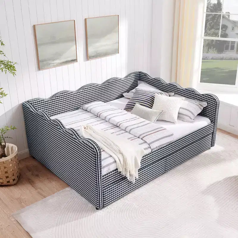 Divano letto Queen Size a Quadretti, Adorabile Struttura a Onda con 2 Cassetti, Porta USB, Tessuto in Lino - ModernLuxe
