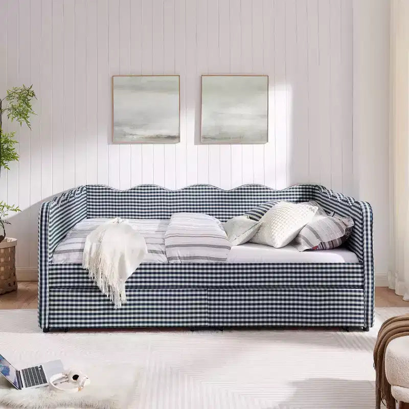 Divano letto Queen Size a Quadretti, Adorabile Struttura a Onda con 2 Cassetti, Porta USB, Tessuto in Lino - ModernLuxe
