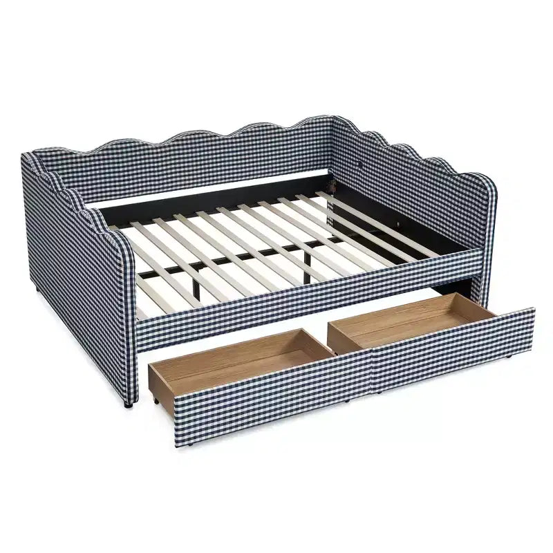Divano letto Queen Size a Quadretti, Adorabile Struttura a Onda con 2 Cassetti, Porta USB, Tessuto in Lino - ModernLuxe