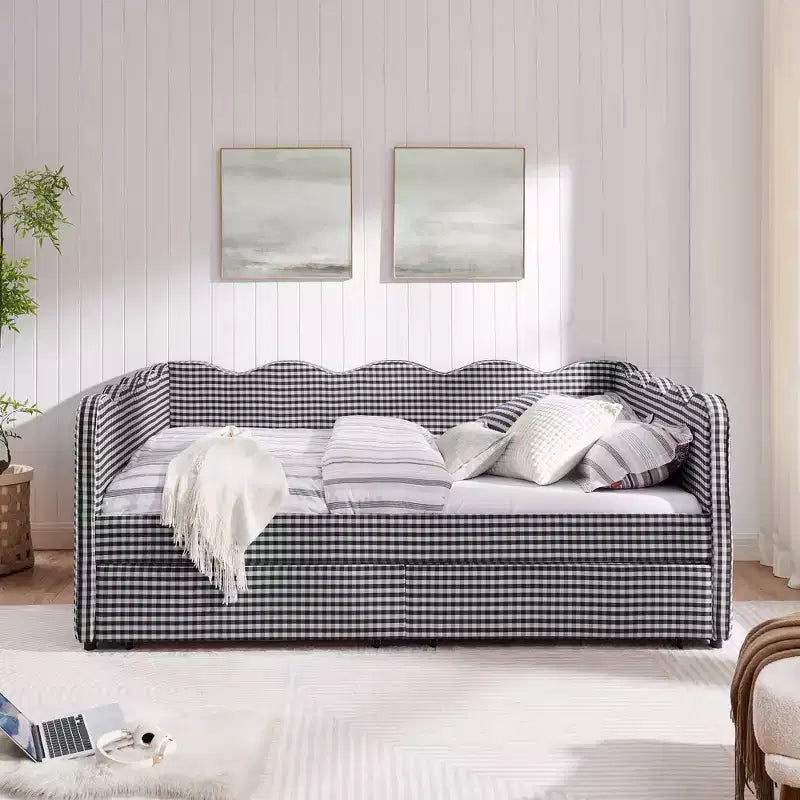 Divano letto Queen Size a Quadretti, Adorabile Struttura a Onda con 2 Cassetti, Porta USB, Tessuto in Lino - ModernLuxe