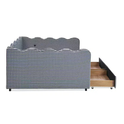 Divano letto Queen Size a Quadretti, Adorabile Struttura a Onda con 2 Cassetti, Porta USB, Tessuto in Lino - ModernLuxe