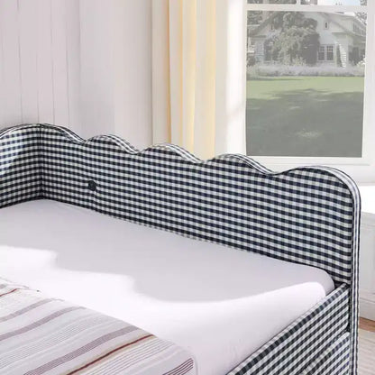 Divano letto Queen Size a Quadretti, Adorabile Struttura a Onda con 2 Cassetti, Porta USB, Tessuto in Lino - ModernLuxe