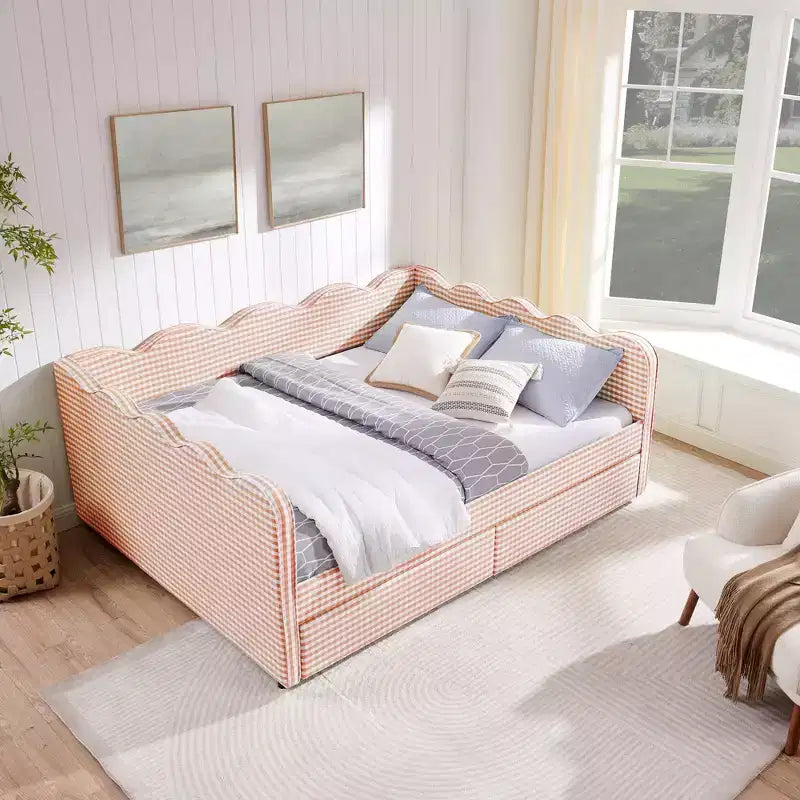 Divano letto Queen Size a Quadretti, Adorabile Struttura a Onda con 2 Cassetti, Porta USB, Tessuto in Lino - ModernLuxe